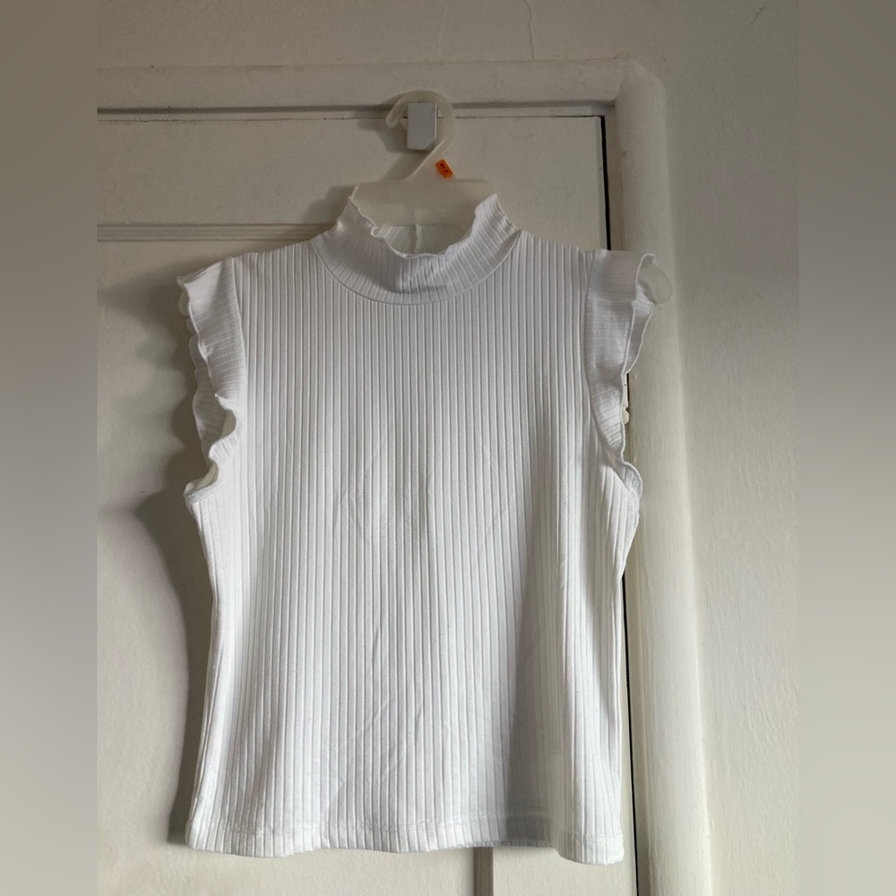 White Ribbed Blouse with Ruffled Mandarin Collar